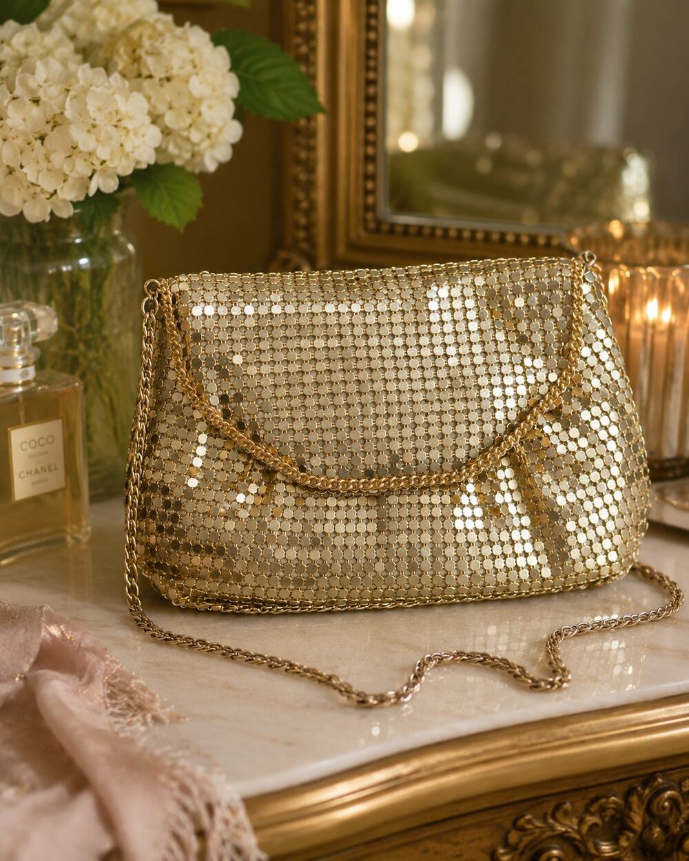 Vintage Gold Mesh Evening Bag Long Chain Purse Disco Cocktail Clutch
